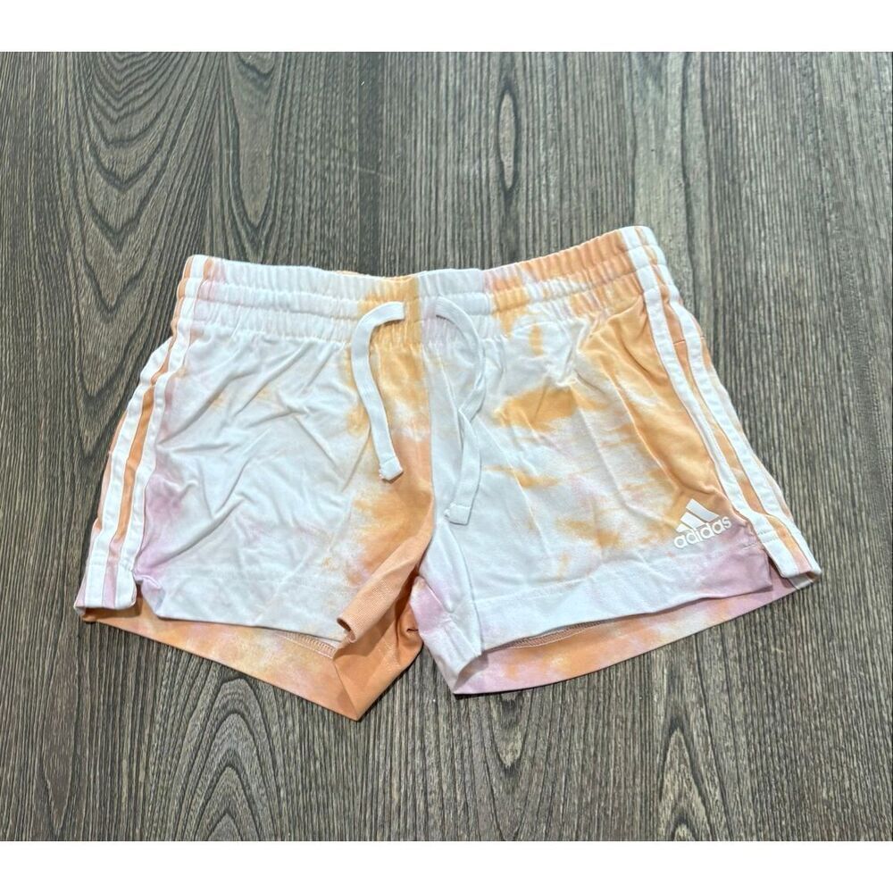 Adidas Sweat Shorts Mid Rise 3-Stripes Elastic Waist Tie-Dyed Orange/Multi Sz S